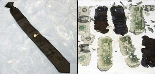 Kravata D.B. Coopra, ktorú nechal v lietadle a nájdené peniaze zhodujúce sa so sériovými číslami podľa FBI, zdroj: FBI