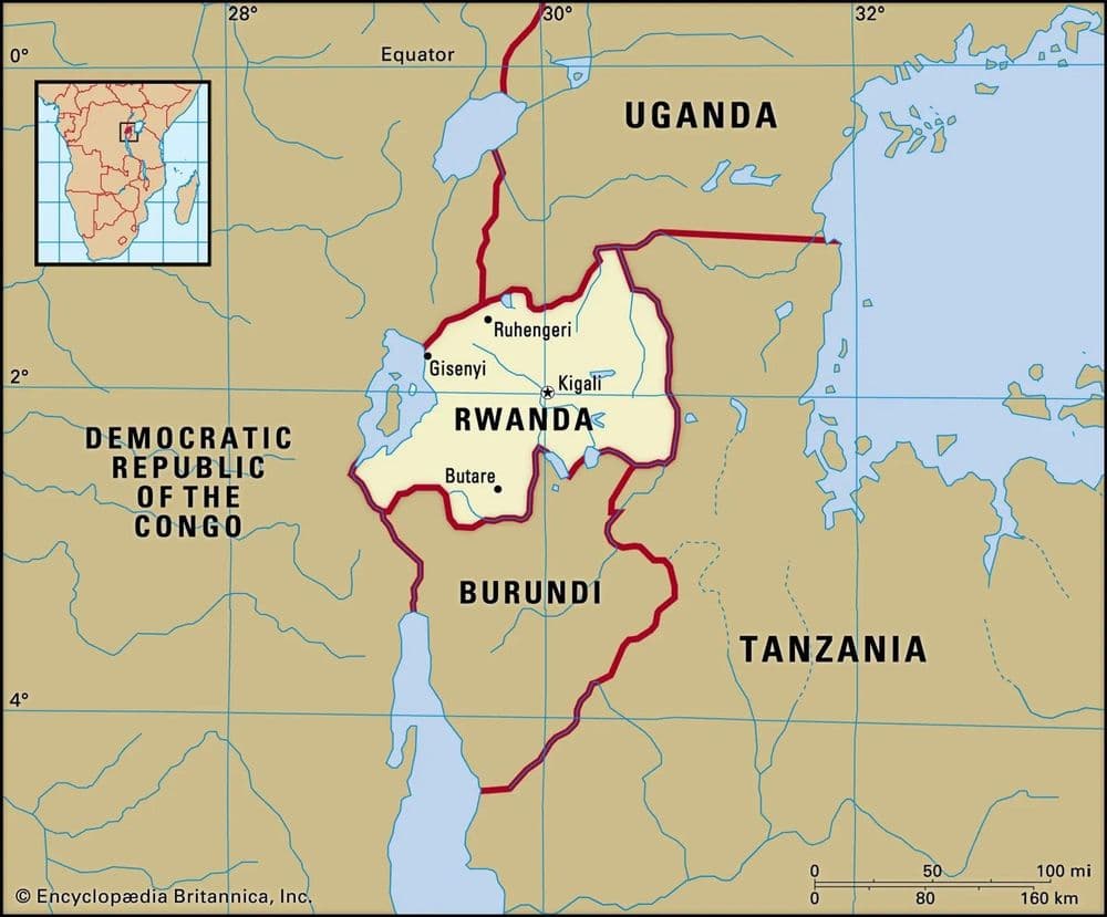 Mapa Rwandy a okolia, zdroj: Britannica